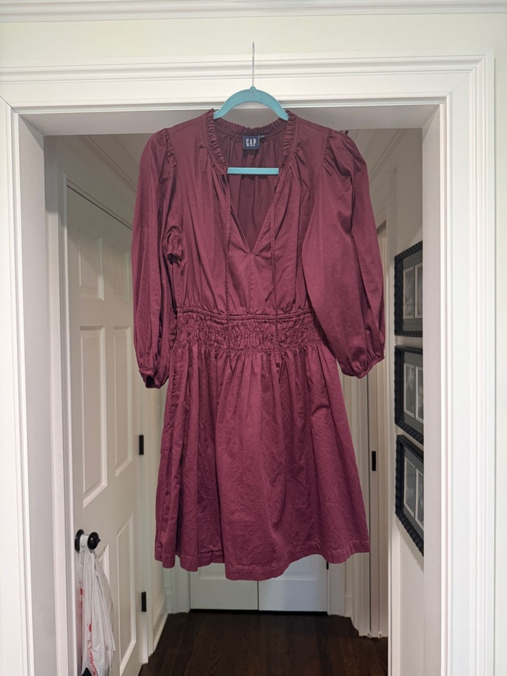 GAP Smocked Waist V-Neck Mini Dress in Burgundy